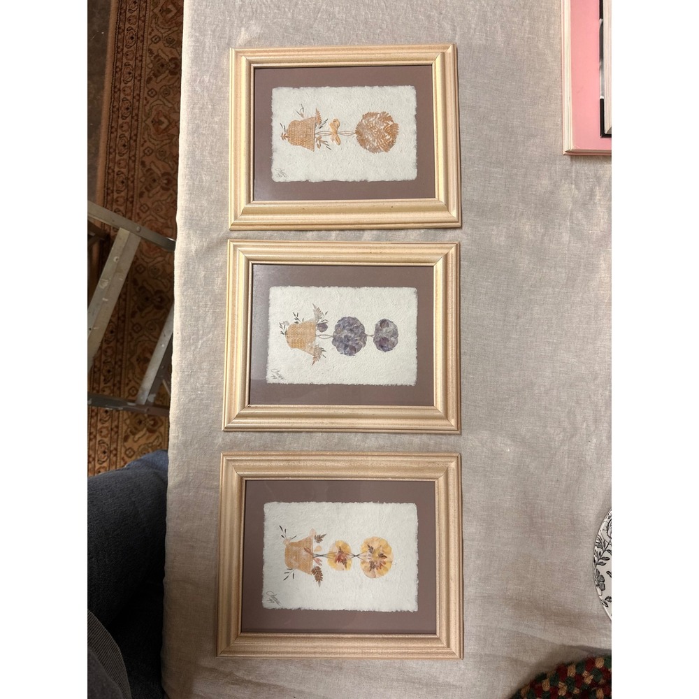 Vintage Signed Pressed Flower Art Set of 3 Framed Botanical 1999 Handmade Paper